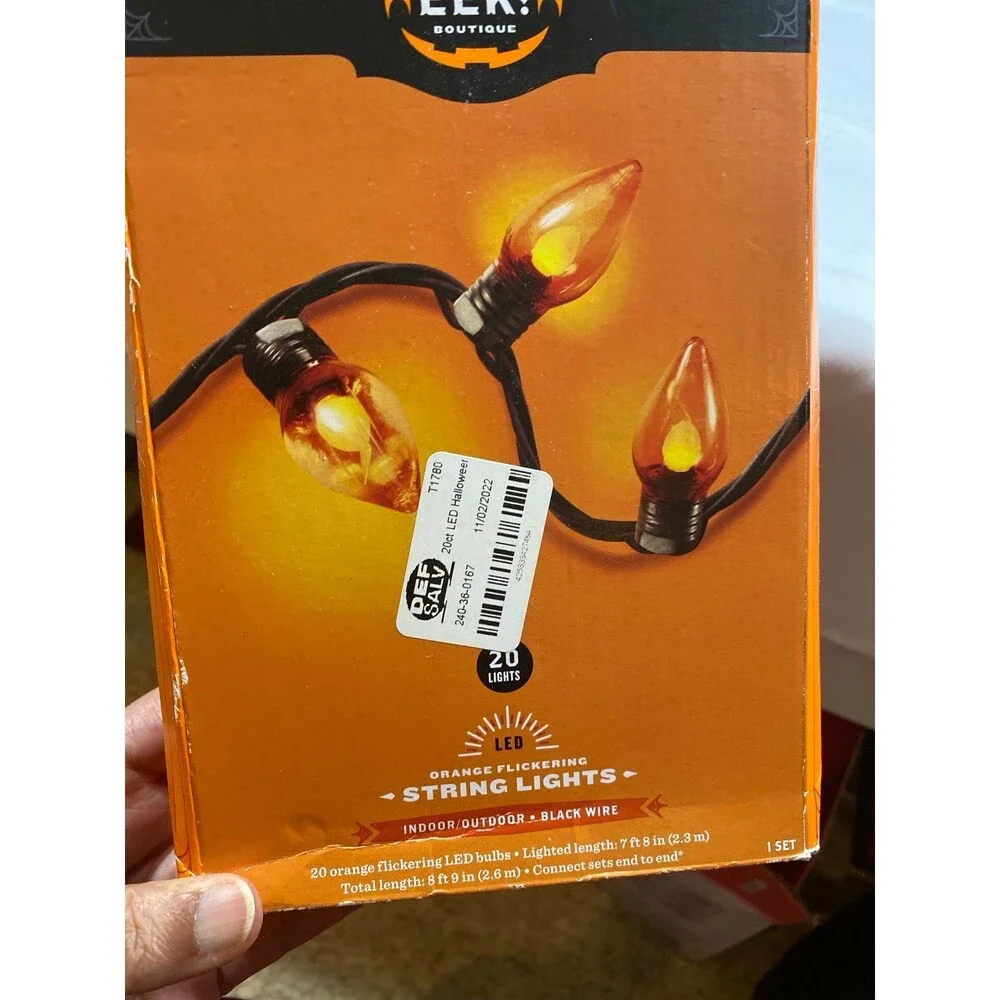 Set of 20 Orange flickering LED String Lights NIB 7ft 8” New in box.